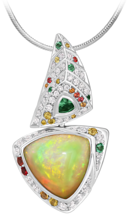 Подвес с опалом, бриллиантами, сапфирами и изумрудами, белое золото 1