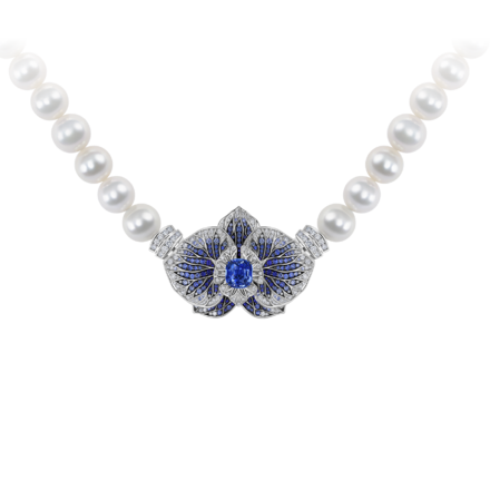 Колье с сапфирами, бриллиантами и жемчугом, белое золото 1