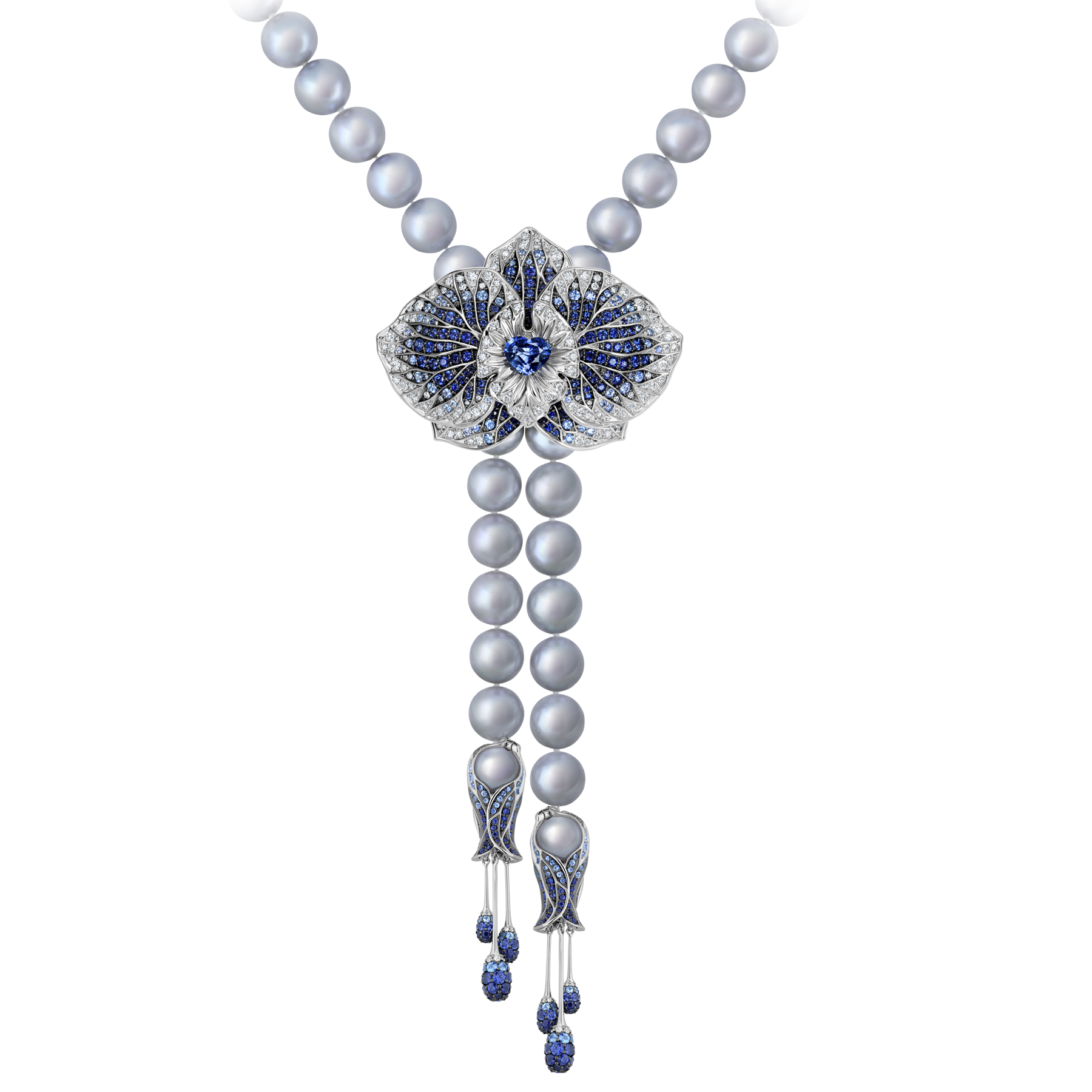 Колье с серо-голубым жемчугом, платина и белое золото