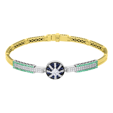 Браслет с бриллиантами, изумрудами и сапфирами, жёлтое и белое золото 1