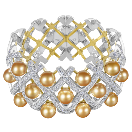 Браслет с бриллиантами и с жемчугом, жёлтое и белое золото 1