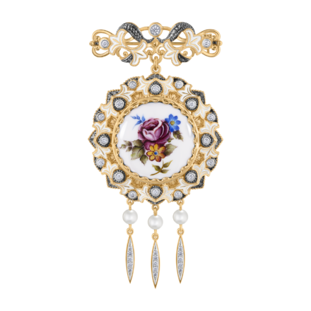 Брошь с бриллиантами и жемчугом, жёлтое золото, финифть 1