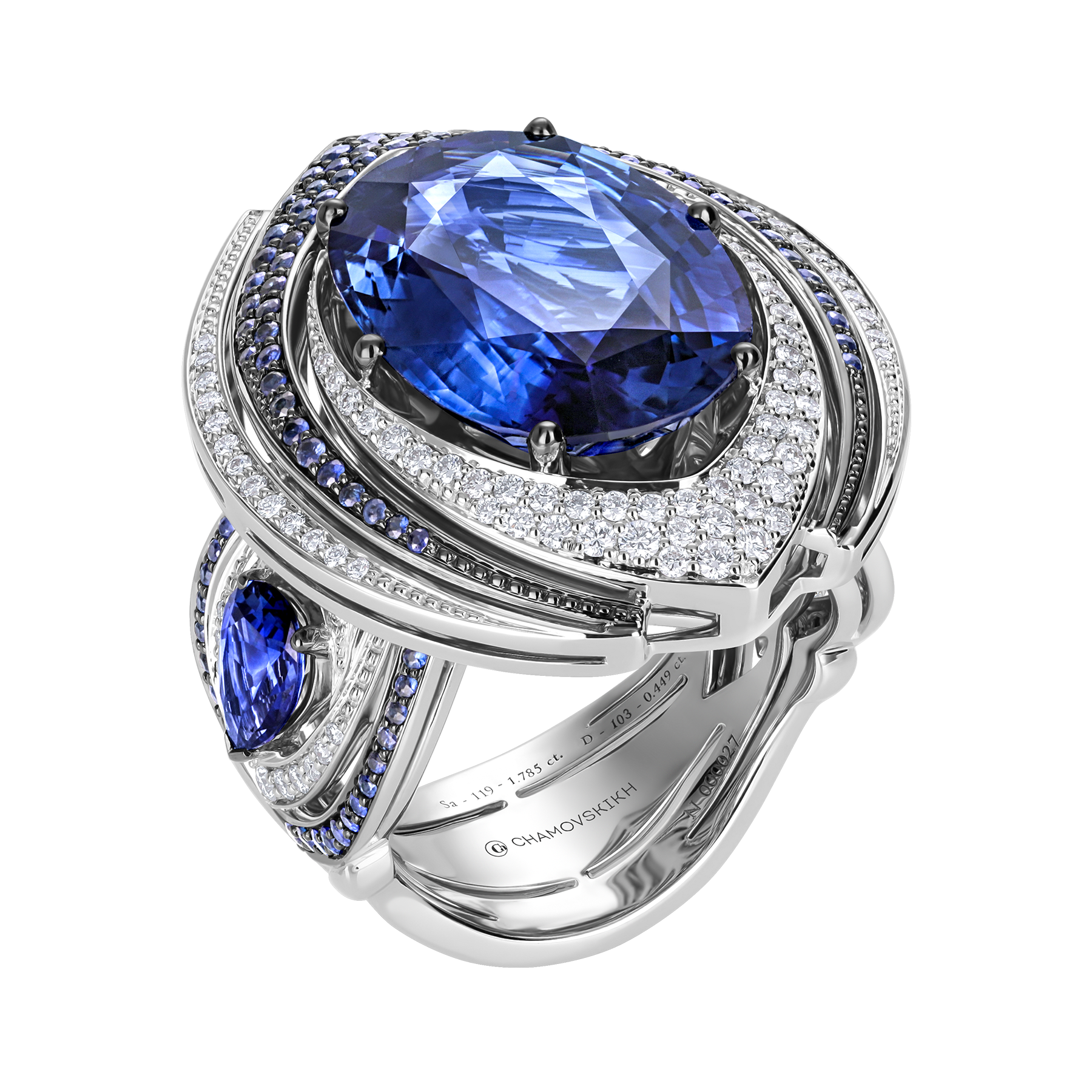 Кольцо с сапфирами и бриллиантами, белое золото