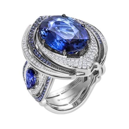 Кольцо с сапфирами и бриллиантами, белое золото 1