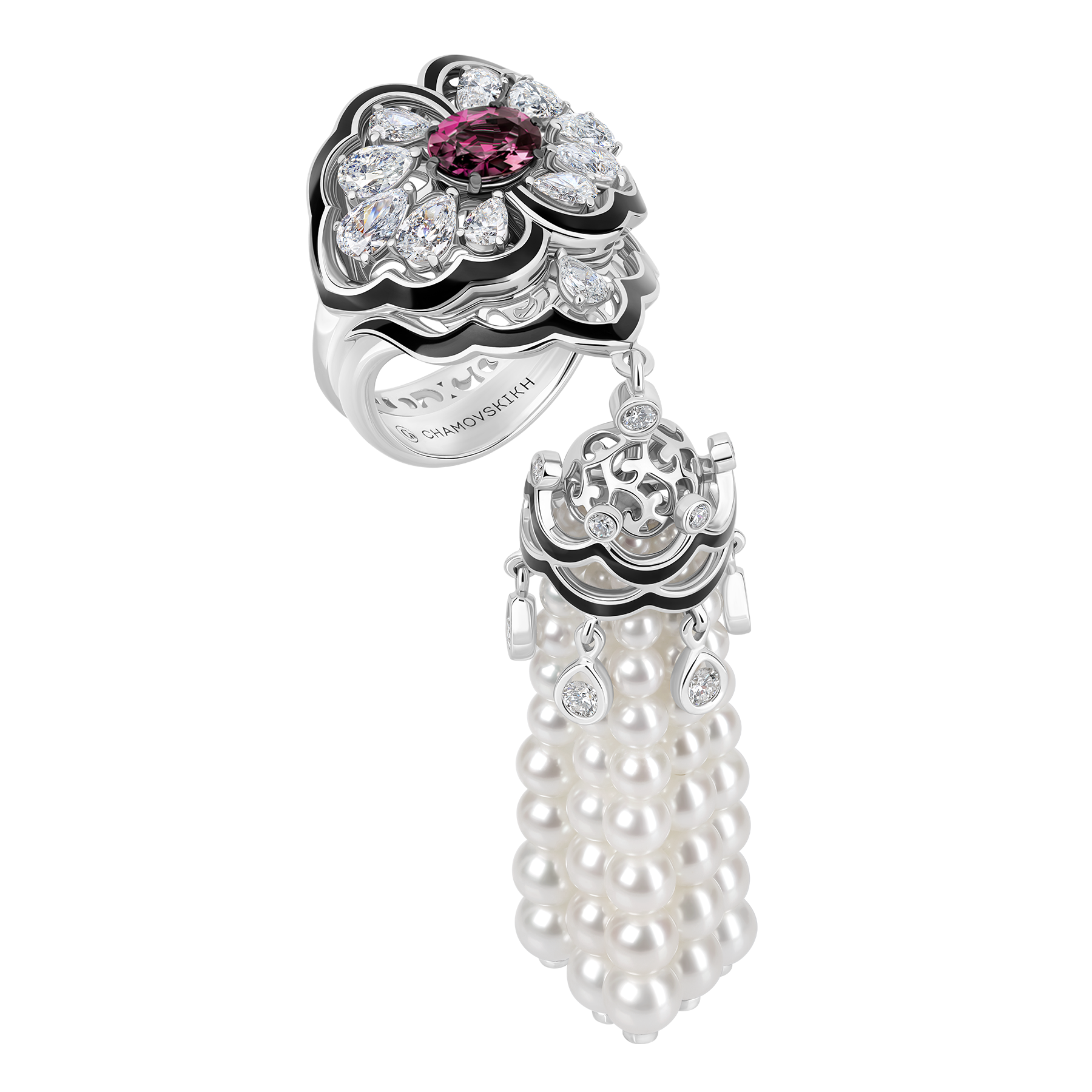 Кольцо с александритом, бриллиантами и жемчугом, белое золото, н.керамика