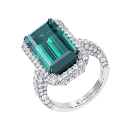 Кольцо с турмалином индиголит и бриллиантами, белое золото 1