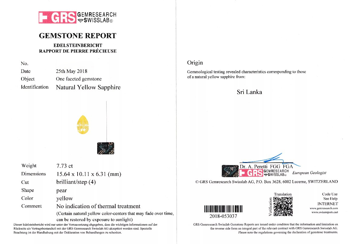 Жёлтый сапфир, SRI LANKA, UNHEATED, Груша, 7,73ct