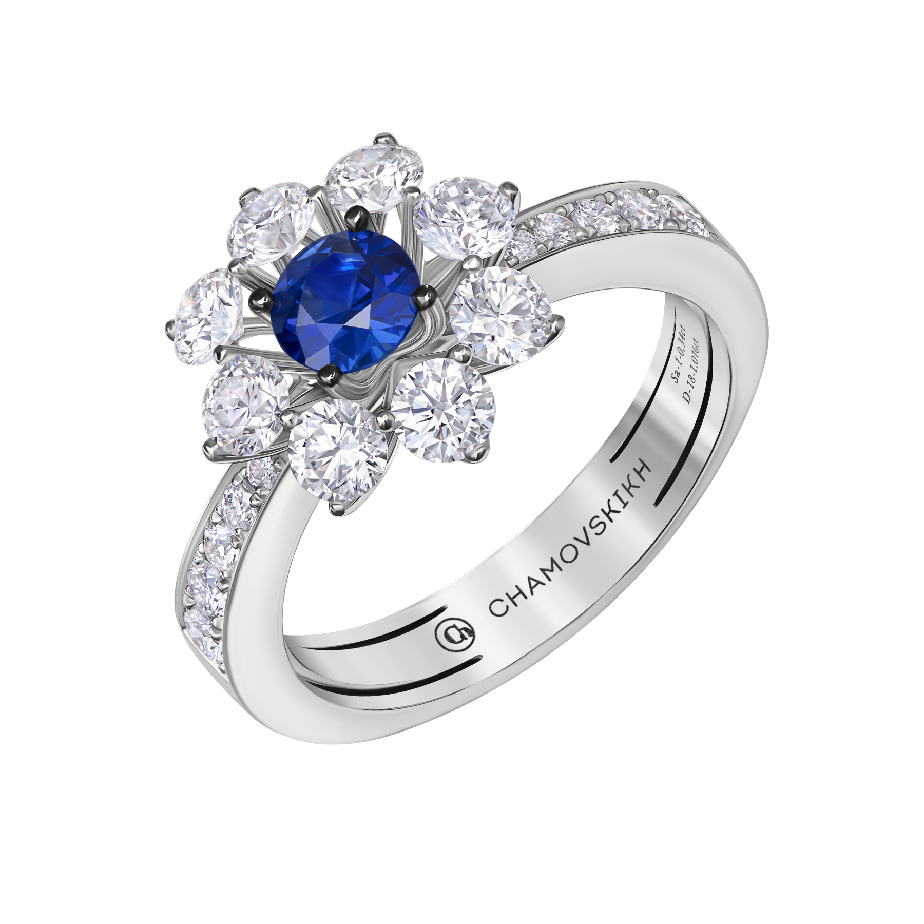 Кольцо с сапфиром и бриллиантами, белое золото