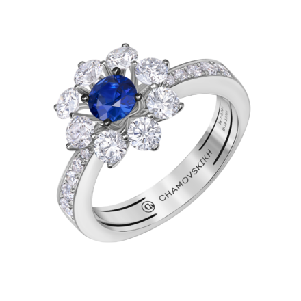 Кольцо с сапфиром и бриллиантами, белое золото 1
