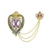 Брошь - подвес с перламутром, бриллиантами и рубинами, жёлтое и белое золото