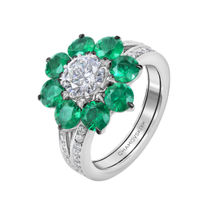 Кольцо с бриллиантами и изумрудами, белое золото 1