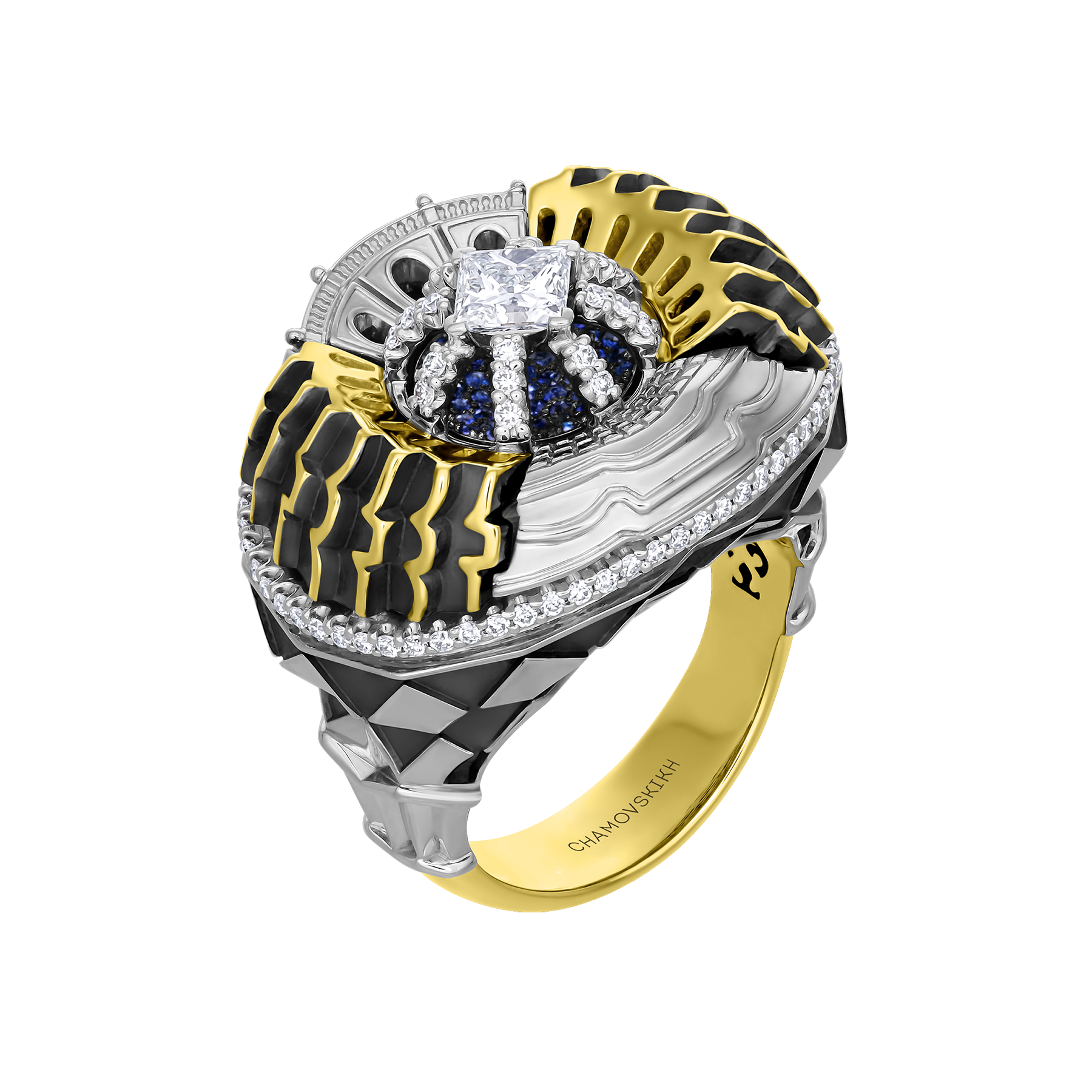 Кольцо с бриллиантами и сапфирами, жёлтое и белое золото
