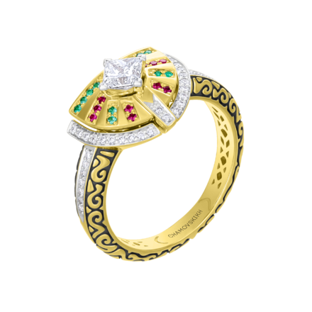 Кольцо с бриллиантами, изумрудами и рубинами, жёлтое золото 1