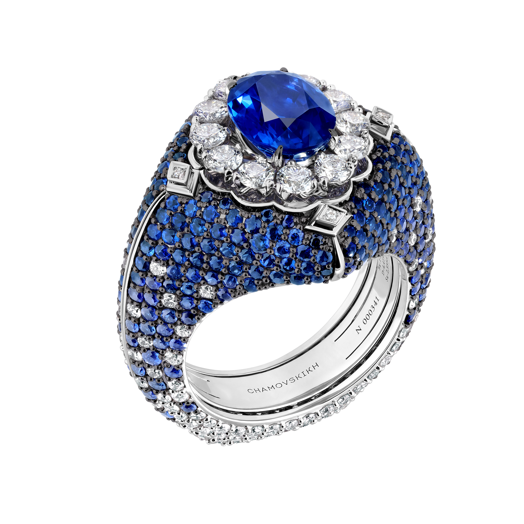 Кольцо с сапфирами и бриллиантами, белое золото