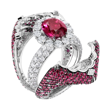 Кольцо с рубеллитом, бриллиантами, розовыми сапфирами и рубинами, белое золото 2