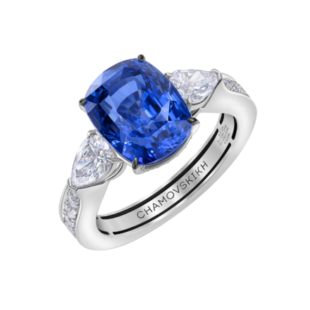 Кольцо с сапфиром и бриллиантами, белое золото 1