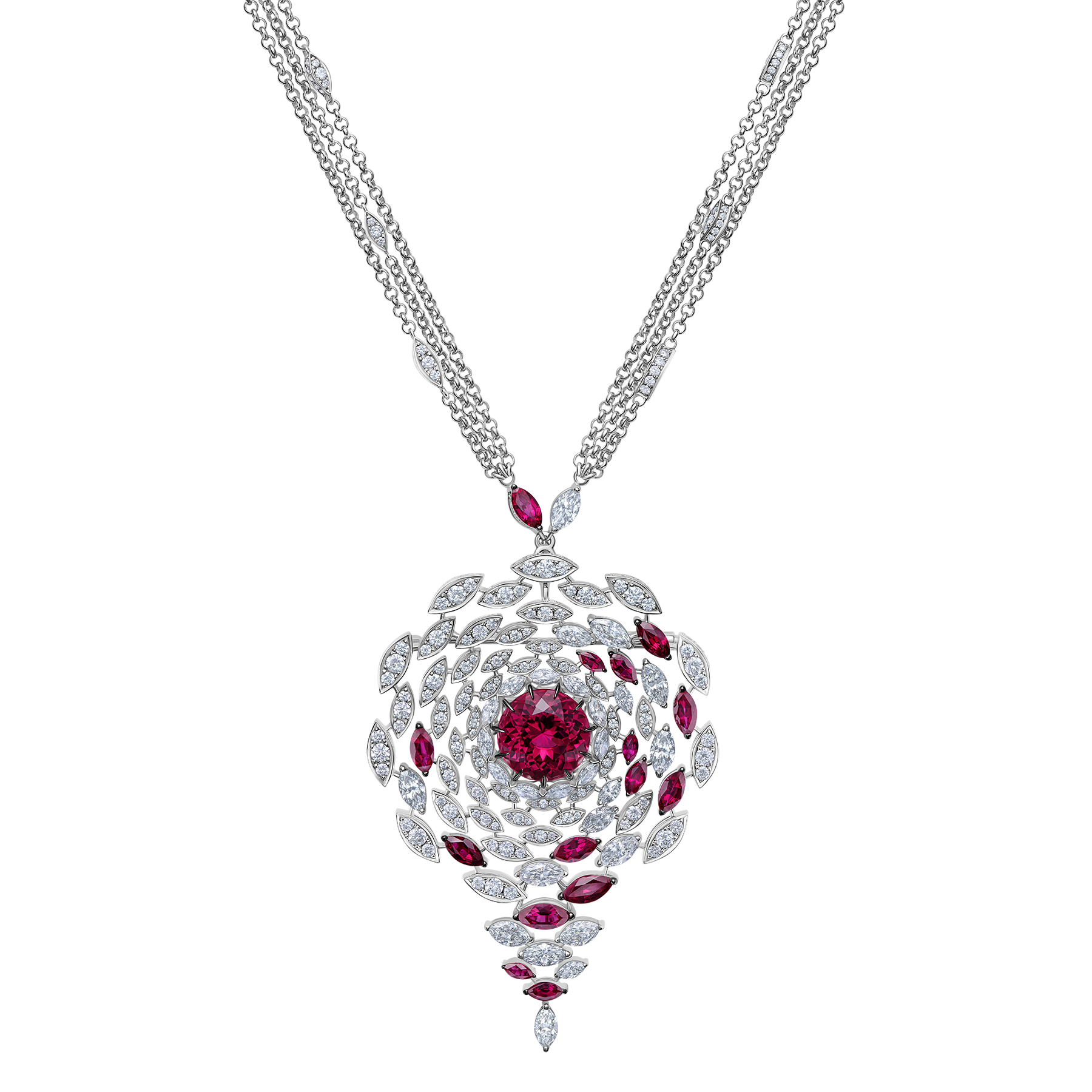 Колье-брошь с турмалином рубеллит, бриллиантами и рубинами, белое золото