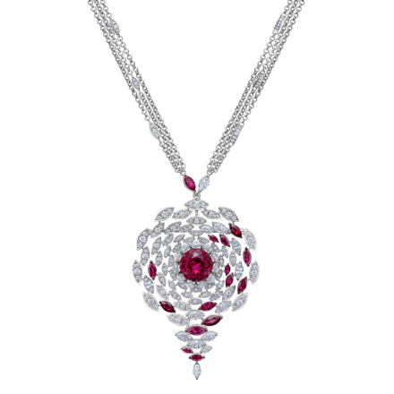 Колье-брошь с турмалином рубеллит, бриллиантами и рубинами, белое золото 1