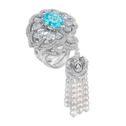 Кольцо с турмалином параиба, бриллиантами и жемчугом, белое золото 1