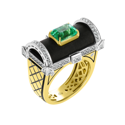 Кольцо с изумрудом и бриллиантами, жёлтое и белое золото, эбеновое дерево 1