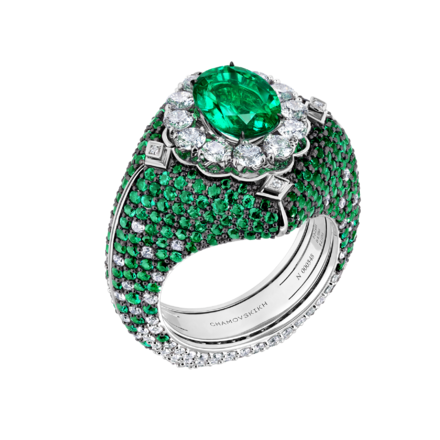 Кольцо с изумрудами и бриллиантами, белое золото 1