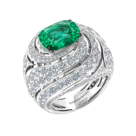 Кольцо с изумрудом и бриллиантами, белое золото 1