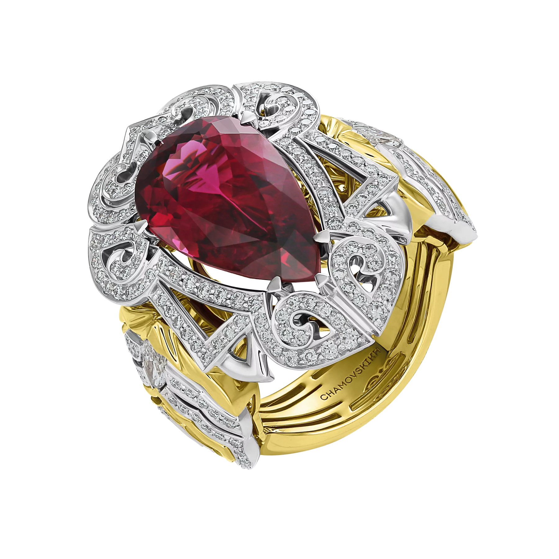 Кольцо с турмалином рубеллит и бриллиантами, жёлтое и белое золото