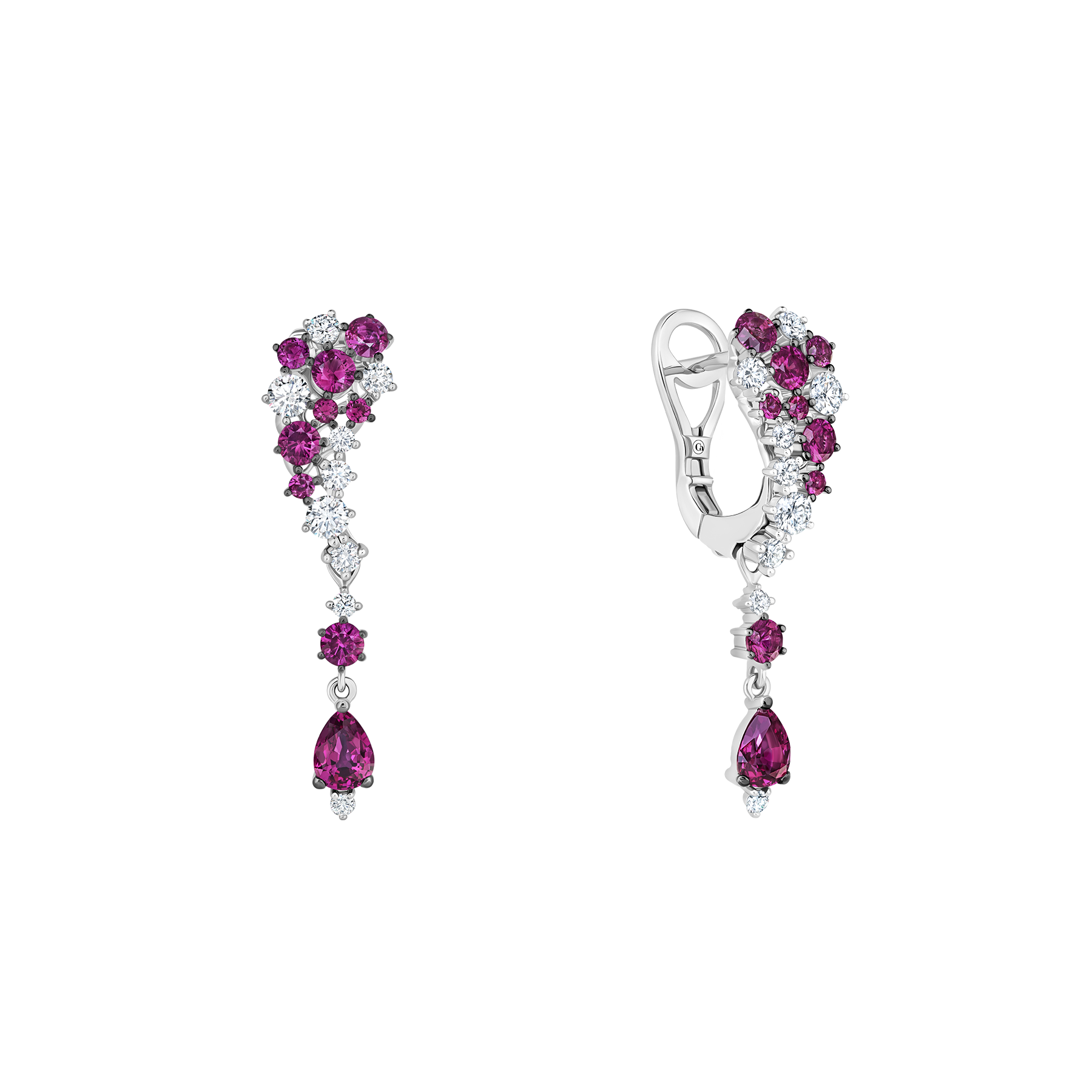 Серьги с верделитами, бриллиантами и рубинами, белое золото