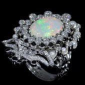 Кольцо с опалом и бриллиантами, белое золото, н.керамика