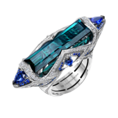 Кольцо с индиголитом, бриллиантами и сапфирами, белое золото