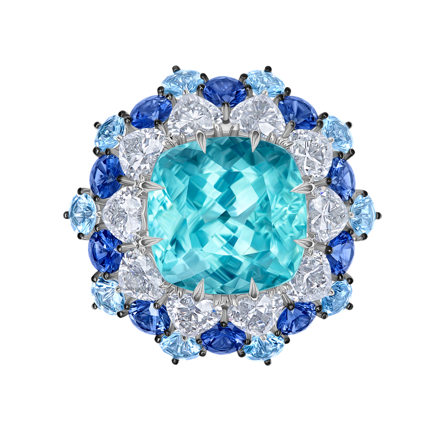 Кольцо с турмалином Параиба, бриллиантами, сапфирами и аквамаринами, белое золото