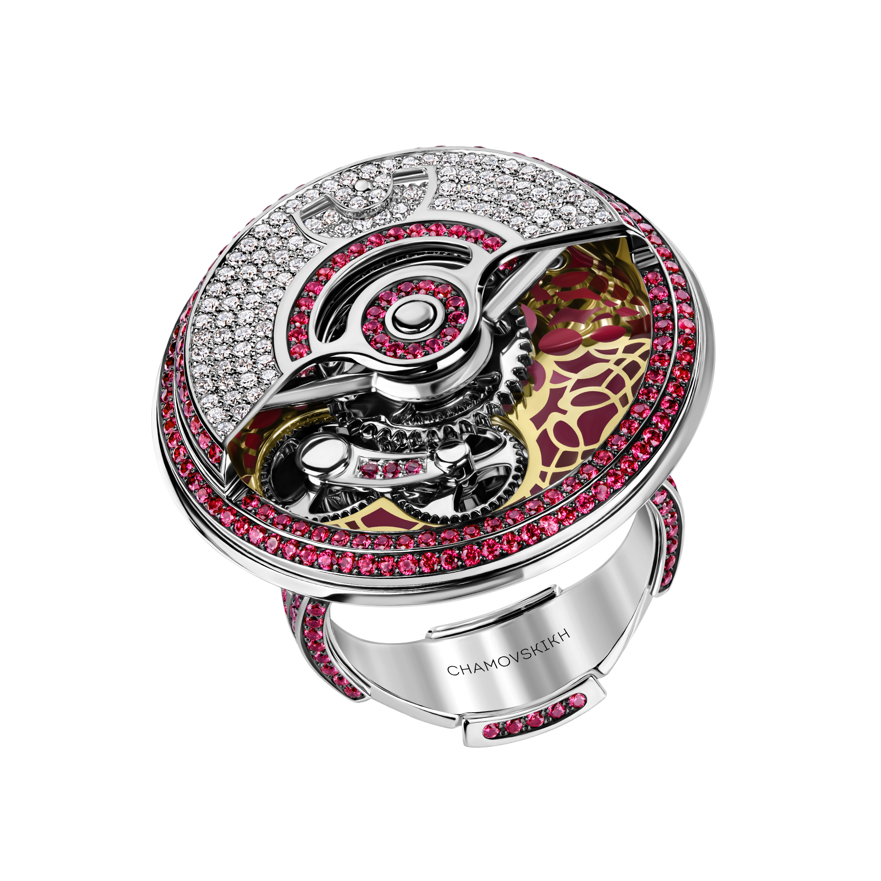 Кольцо с бриллиантами и рубинами, белое золото, н.керамика