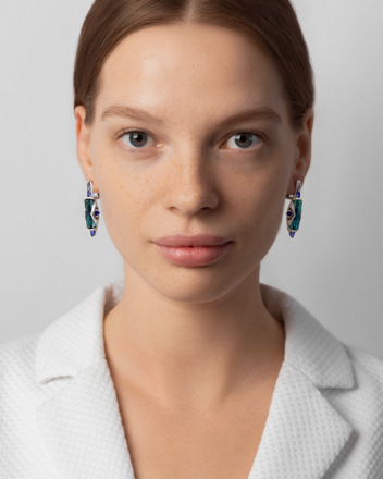 Серьги с турмалинами индиголитами, бриллиантами и сапфирами, белое золото 2