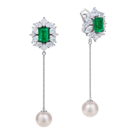 Серьги с изумрудами, бриллиантами и жемчугом, белое золото 1