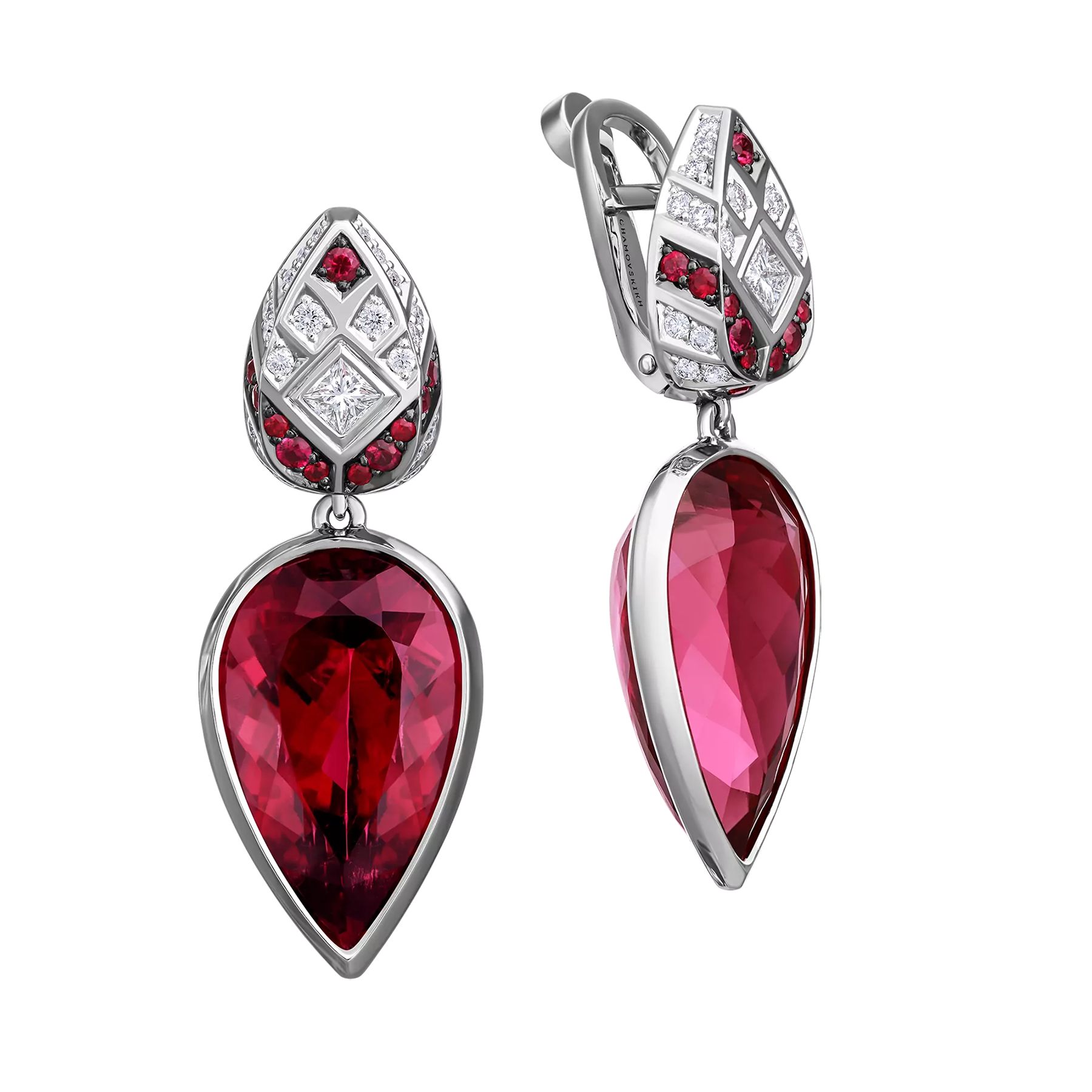 Серьги с турмалинами рубеллитами, бриллиантами и рубинами, белое золото