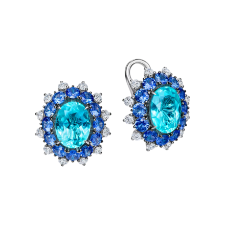 Серьги с турмалином параиба, бриллиантами и сапфирами, белое золото 1