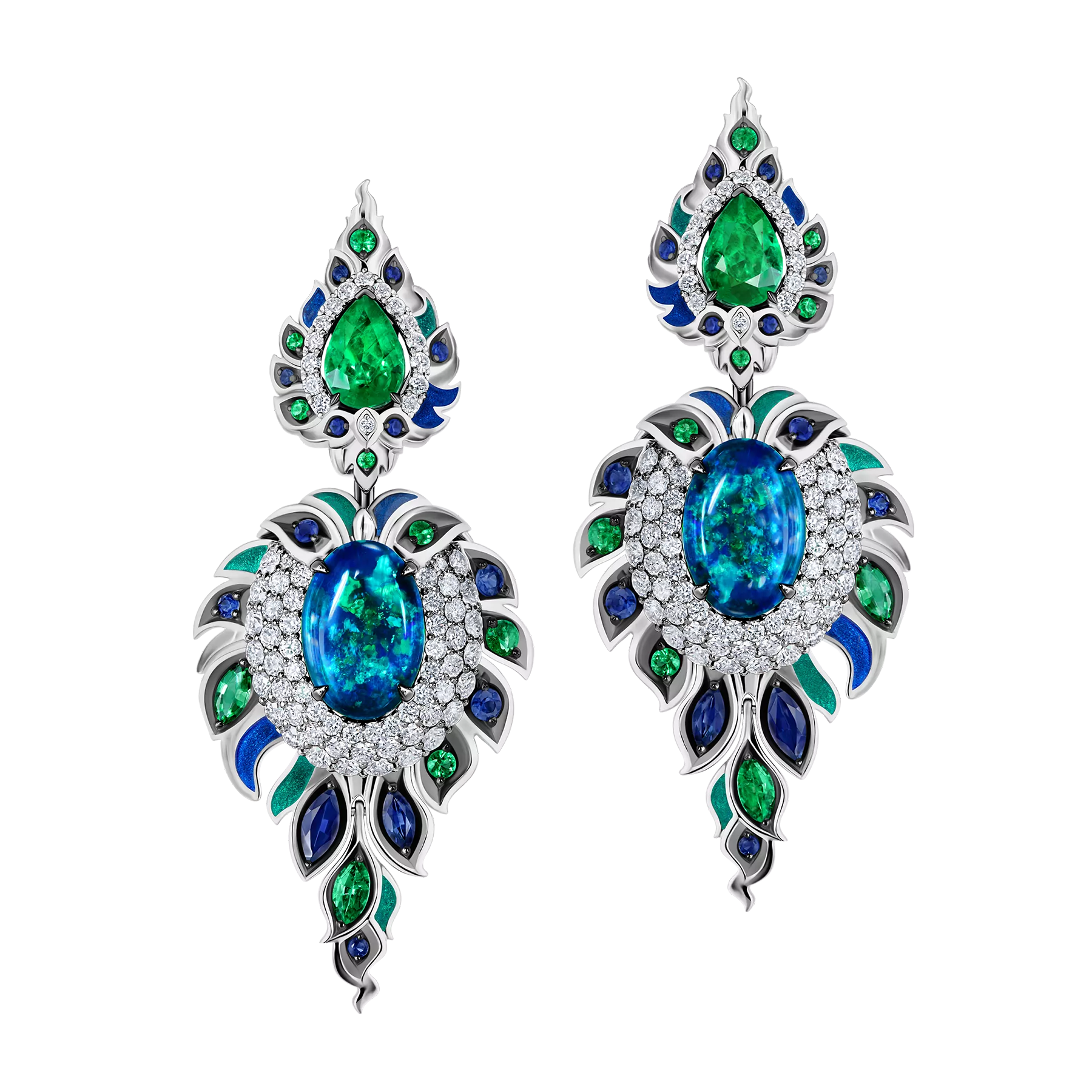 Серьги с опалами, бриллиантами, изумрудами и сапфирами, белое золото, н.керамика