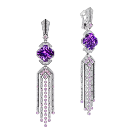 Серьги с аметистами, бриллиантами и розовыми сапфирами, белое золото 1
