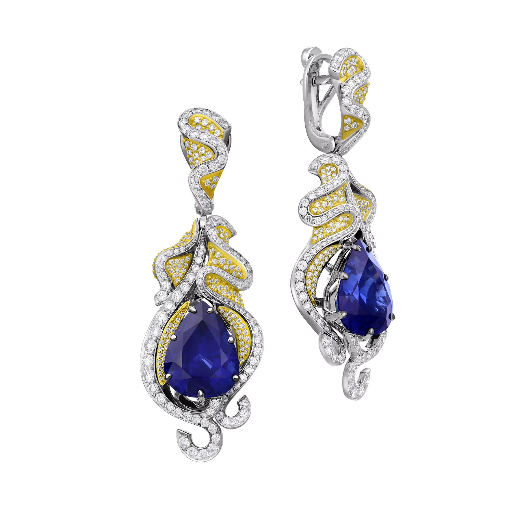 Серьги с сапфирами и бриллиантами, белое и желтое золото