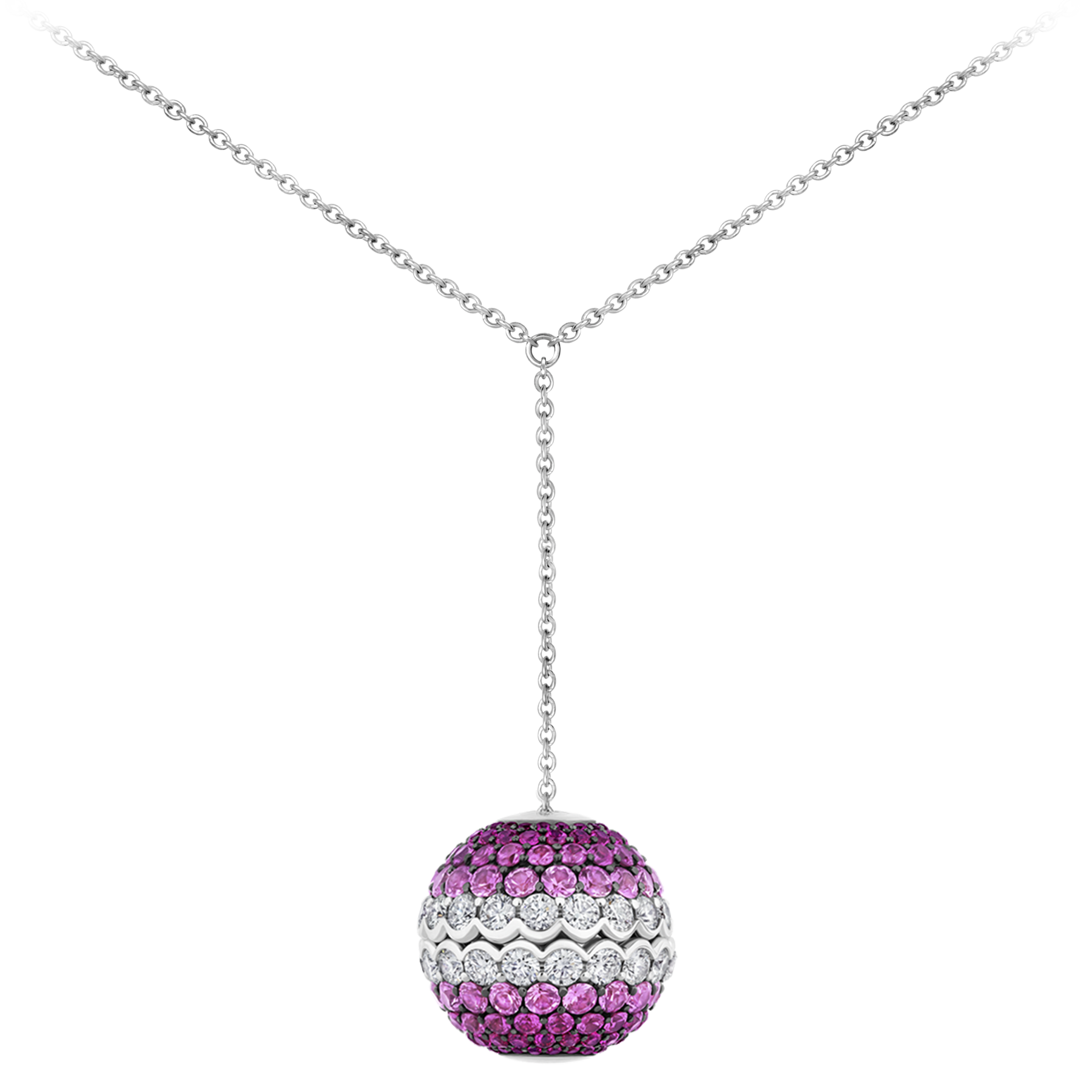 Колье с бриллиантами, рубинами и розовыми сапфирами, белое золото