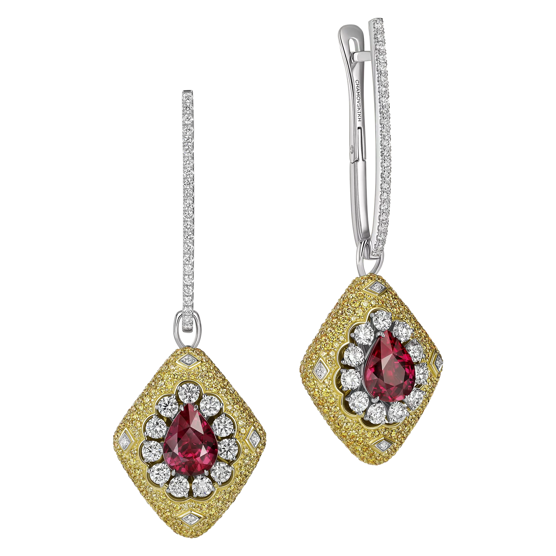 Серьги с рубинами и бриллиантами, жёлтое и белое золото