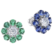 Пусеты с бриллиантами, сапфирами и изумрудами, белое золото