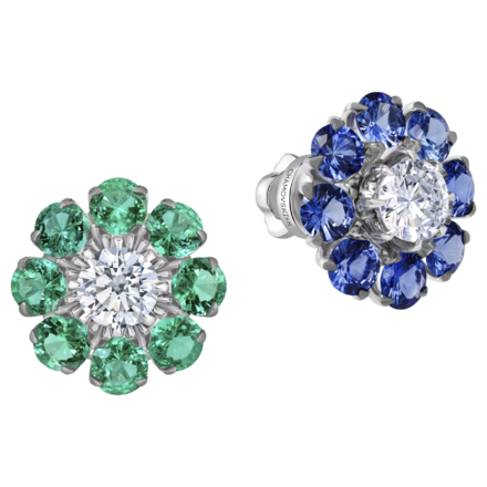 Пусеты с бриллиантами, сапфирами и изумрудами, белое золото 1
