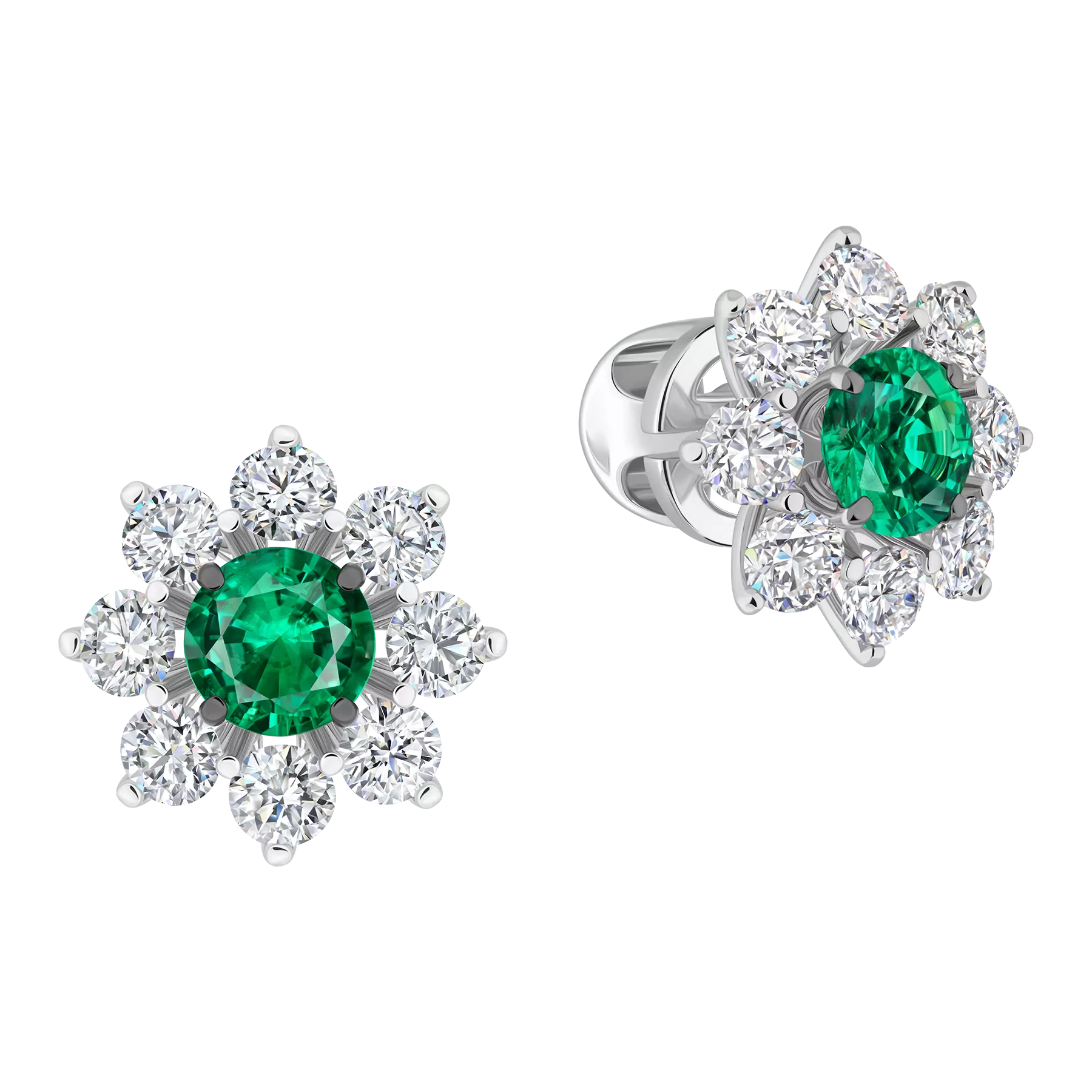 Пусеты с бриллиантами и с изумрудами, белое золото