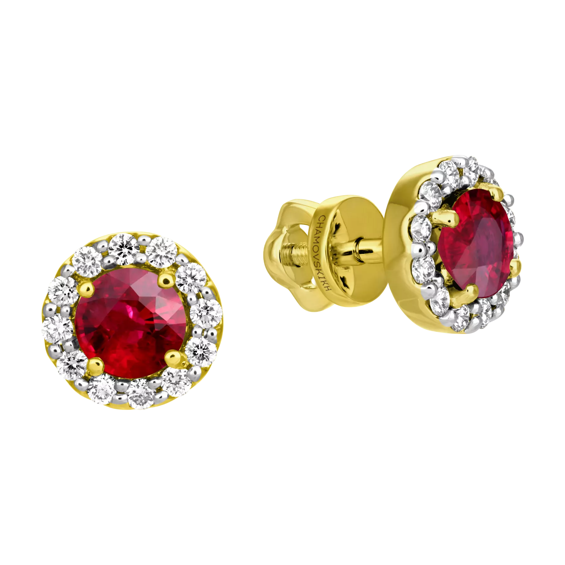 Пусеты с рубинами и бриллиантами, жёлтое золото