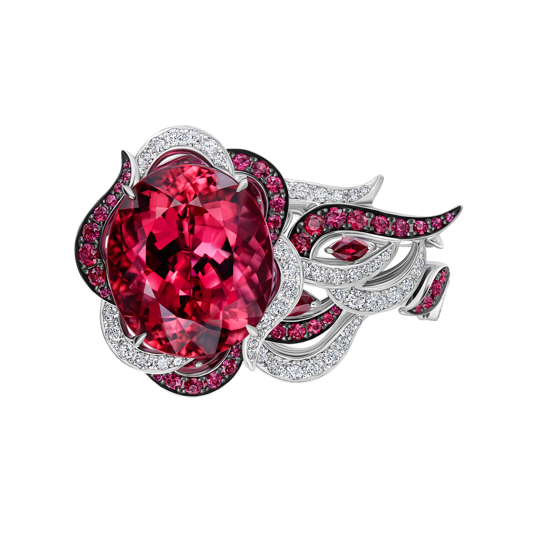 Кольцо с турмалином рубеллитом, рубинами и бриллиантами, белое золото