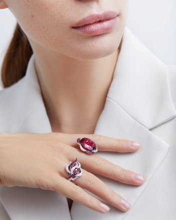 Кольцо с турмалином рубеллитом, рубинами и бриллиантами, белое золото 4