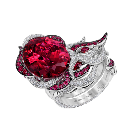 Кольцо с турмалином рубеллитом, рубинами и бриллиантами, белое золото 1