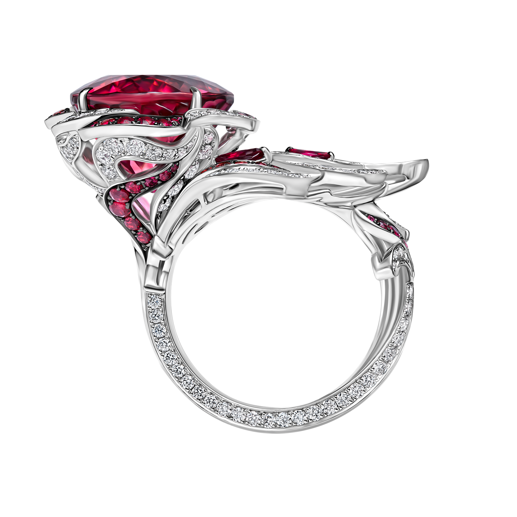 Кольцо с турмалином рубеллитом, рубинами и бриллиантами, белое золото