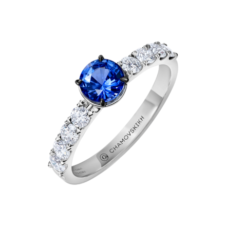 Обручальное кольцо с сапфиром и бриллиантами, белое золото 1